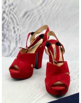 (LIKE NEW) PRADA PLATFORM SANDALS SIZE 38.5 IN RED SUEDE LEATHER
