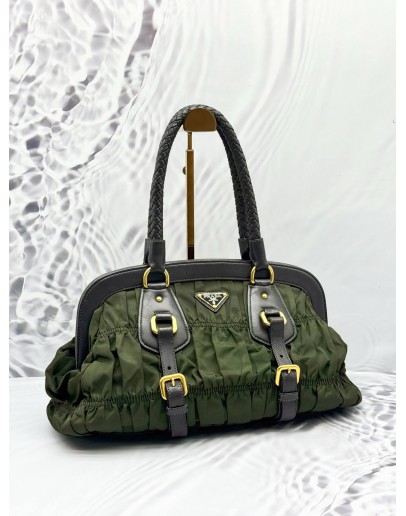PRADA GAUFRE BRAIDED HANDBAG IN OLIVE GREEN NYLON WITH DARK BROWN LEATHER