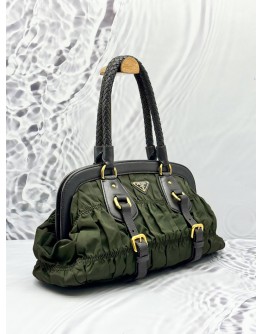 PRADA GAUFRE BRAIDED HANDBAG IN OLIVE GREEN NYLON WITH DARK BROWN LEATHER