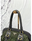 PRADA GAUFRE BRAIDED HANDBAG IN OLIVE GREEN NYLON WITH DARK BROWN LEATHER