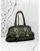 PRADA GAUFRE BRAIDED HANDBAG IN OLIVE GREEN NYLON WITH DARK BROWN LEATHER
