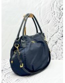 PRADA HOBO SHOULDER BAG IN DARK BLUE NYLON WITH CALFSKIN LEATHER