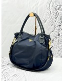 PRADA HOBO SHOULDER BAG IN DARK BLUE NYLON WITH CALFSKIN LEATHER