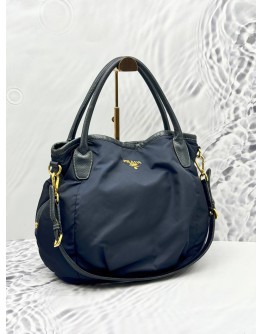 PRADA HOBO SHOULDER BAG IN DARK BLUE NYLON WITH CALFSKIN LEATHER