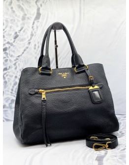 PRADA FRONT POCKET TOTE BAG IN BLACK VITELLO DAINO LEATHER
