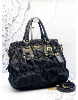 PRADA GAUFRE TOTE SHOULDER BAG IN BLACK NYLON WITH CALFSKIN LEATHER