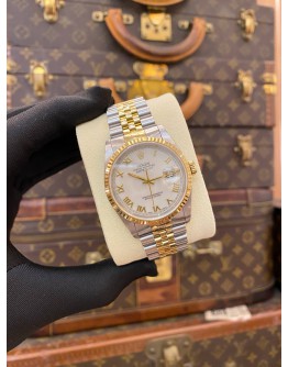 ROLEX DATEJUST 36 HALF 18K 750 YELLOW GOLD JUBILEE REF 16233 WHITE ROMAN NUMERALS DIAL 36MM AUTOMATIC WATCH -FULL SET-