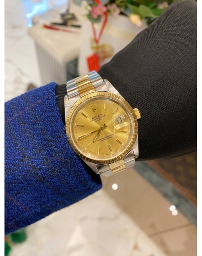 2002 ROLEX OYSTER PERPETUAL DATE HALF 18K 750 YELLOW GOLD REF 15223 CHAMPAGNE DIAL 34MM AUTOMATIC WATCH -FULL SET-