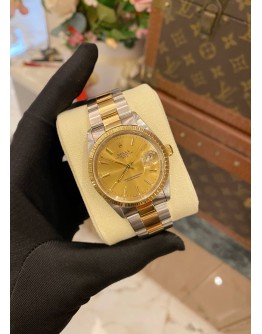 2002 ROLEX OYSTER PERPETUAL DATE HALF 18K 750 YELLOW GOLD REF 15223 CHAMPAGNE DIAL 34MM AUTOMATIC WATCH -FULL SET-