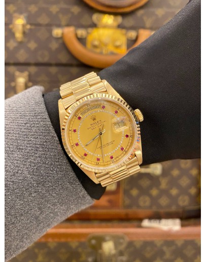 ROLEX PRESIDENT DAY-DATE 36 REF 18038 18K 750 YELLOW GOLD FACTORY DIAMOND STRING RUBY DIAMOND DIAL 36MM AUTOMATIC WATCH