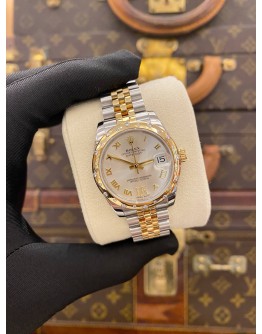(LIKE NEW) 2015 ROLEX DATEJUST 31 HALF 18K 750 YELLOW GOLD REF 178343 DIAMOND BEZEL SILVER DIAMOND DIAL 31MM AUTOMATIC WATCH -FULL SET-