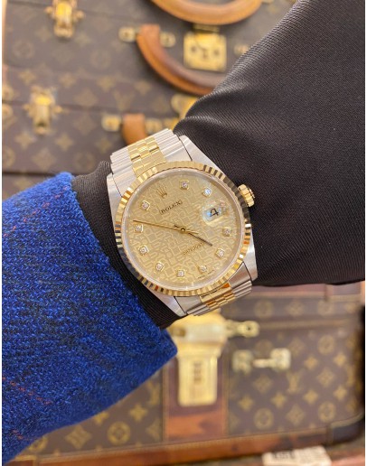 (UNUSED) ROLEX DATEJUST 36 HALF 18K 750 YELLOW GOLD JUBILEE REF 16233 CHAMPAGNE COMPUTER DIAMOND DIAL 36MM AUTOMATIC WATCH -FULL SET-
