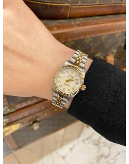 (LIKE NEW) ROLEX LADY DATEJUST 26 HALF 18K 750 YELLOW GOLD JUBILEE REF 69173 WHITE CHAMPAGNE COMPUTER DIAMOND DIAL 26MM AUTOMATIC WATCH -FULL SET-