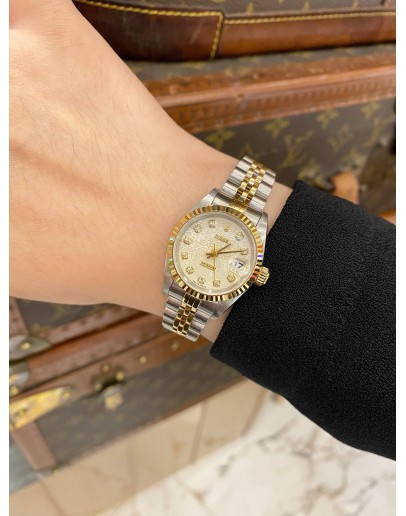 (LIKE NEW) ROLEX LADY DATEJUST 26 HALF 18K 750 YELLOW GOLD JUBILEE REF 69173 WHITE CHAMPAGNE COMPUTER DIAMOND DIAL 26MM AUTOMATIC WATCH -FULL SET-
