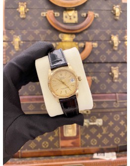 ROLEX DATEJUST 31 HALF 18K 750 YELLOW GOLD REF 6827 GOLD TAPESTRY DIAL 31MM AUTOMATIC WATCH 
