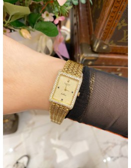 (LIKE NEW) ROLEX CELLINI FULL 18K 750 YELLOW GOLD FACTORY DIAMOND 3/6/9 BLUE SAPPHIRE INDICES REF 4930 GOLD TEXTURED DIAL 33MM X 24MM MANUAL WINDING WATCH
