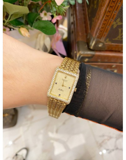 (LIKE NEW) ROLEX CELLINI FULL 18K 750 YELLOW GOLD FACTORY DIAMOND 3/6/9 BLUE SAPPHIRE INDICES REF 4930 GOLD TEXTURED DIAL 33MM X 24MM MANUAL WINDING WATCH