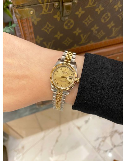2015 ROLEX LADY DATEJUST JUBILEE HALF 18K 750 YELLOW GOLD REF 179173 CHAMPAGNE ROMAN NUMERALS DIAL 26MM AUTOMATIC WATCH