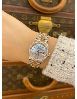 (BRAND NEW) 2025 ROLEX LADY DATEJUST 28 FACTORY DIAMOND HALF 18K 750 ROSE GOLD JUBILEE REF 279381RBR WHITE MOTHER OF PEARL DIAMOND DIAL AUTOMATIC WATCH -FULL SET-