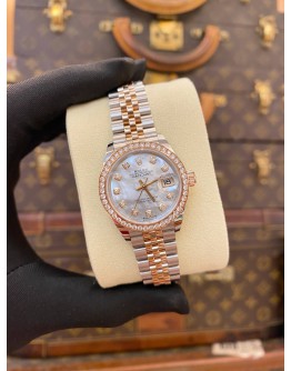 (BRAND NEW) 2025 ROLEX LADY DATEJUST 28 FACTORY DIAMOND HALF 18K 750 ROSE GOLD JUBILEE REF 279381RBR WHITE MOTHER OF PEARL DIAMOND DIAL AUTOMATIC WATCH -FULL SET-
