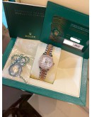 (BRAND NEW) 2025 ROLEX LADY DATEJUST 28 FACTORY DIAMOND HALF 18K 750 ROSE GOLD JUBILEE REF 279381RBR WHITE MOTHER OF PEARL DIAMOND DIAL AUTOMATIC WATCH -FULL SET-