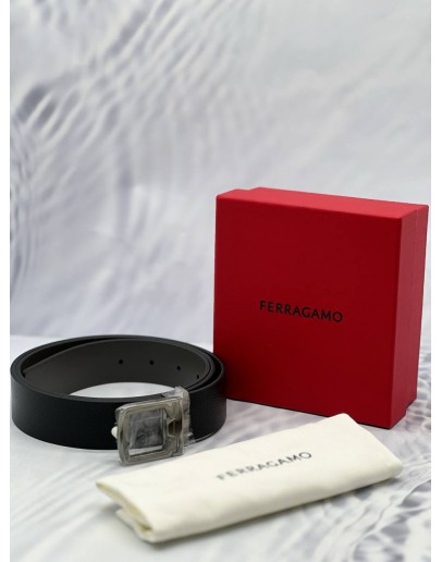 (BRAND NEW) SALVATORE FERRAGAMO BELT IN DARK GREY CALFSKIN LEATHER -FULL SET-