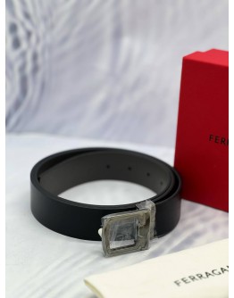 (BRAND NEW) SALVATORE FERRAGAMO BELT IN DARK GREY CALFSKIN LEATHER -FULL SET-