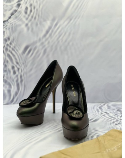 SERGIO ROSSI PLATFORM PUMPS SIZE 38 IN METALLIC DARK GREEN CALFSKIN LEATHER