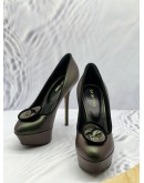 SERGIO ROSSI PLATFORM PUMPS SIZE 38 IN METALLIC DARK GREEN CALFSKIN LEATHER