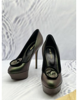 SERGIO ROSSI PLATFORM PUMPS SIZE 38 IN METALLIC DARK GREEN CALFSKIN LEATHER