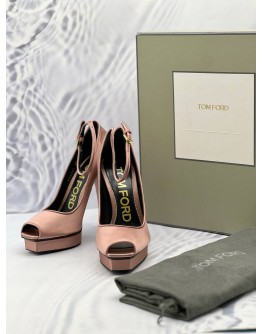 TOM FORD PEEP TOE PLATFORM ANKLE WRAP PUMPS SIZE 38 IN PINK SATIN -FULL SET-