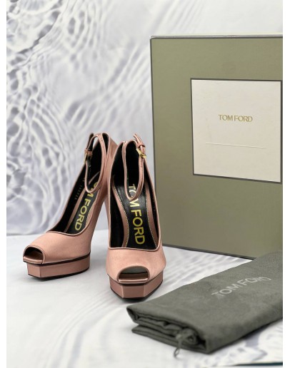 TOM FORD PEEP TOE PLATFORM ANKLE WRAP PUMPS SIZE 38 IN PINK SATIN -FULL SET-