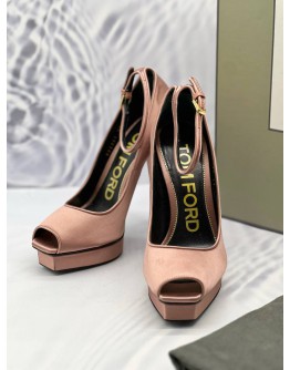 TOM FORD PEEP TOE PLATFORM ANKLE WRAP PUMPS SIZE 38 IN PINK SATIN -FULL SET-