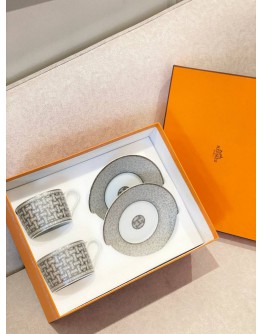 (UNUSED) HERMES MOSAIQUE AU 24 PLATINUM TEA CUP AND SAUCER -FULL SET-