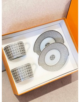 (UNUSED) HERMES MOSAIQUE AU 24 PLATINUM TEA CUP AND SAUCER -FULL SET-