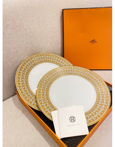 (UNUSED) HERMES MOSAIQUE AU 24 GOLD DINNER PLATE -FULL SET- 
