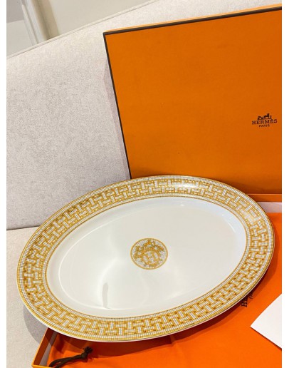 (UNUSED) HERMES MOSAIQUE AU 24 GOLD OVAL PLATTER -FULL SET- 