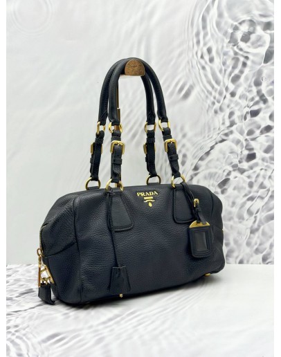 PRADA BAULETTO SHOULDER BAG IN BLACK VITELLO DAINO LEATHER