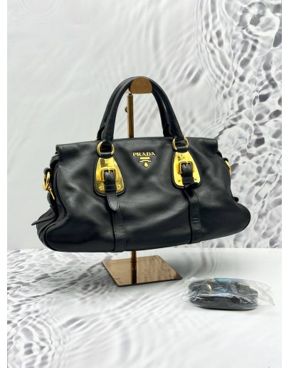 PRADA BAULETTO TOP HANDLE AND SHOULDER BAG IN BLACK CALFSKIN LEATHER