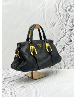 PRADA BAULETTO TOP HANDLE AND SHOULDER BAG IN BLACK CALFSKIN LEATHER