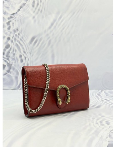 GUCCI DIONYSUS WALLET ON CHAIN IN RED PEBBLED LEATHER