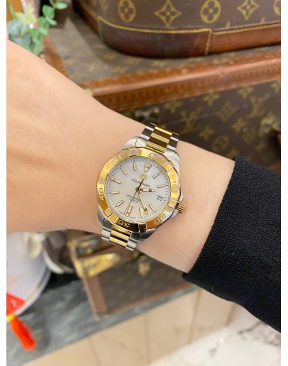 2017 TAG HEUER AQUARACER LADY HALF 18K 750 YELLOW GOLD REF WBD1320 MOTHER OF PEARL DIAL 32MM QUARTZ WATCH -FULL SET-