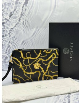 (LIKE NEW) VERSACE MEDUSA CHAIN PRINT POUCH IN BLACK CALFSKIN LEATHER WITH GOLD