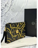 (LIKE NEW) VERSACE MEDUSA CHAIN PRINT POUCH IN BLACK CALFSKIN LEATHER WITH GOLD