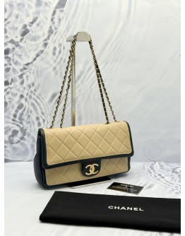 2012 CHANEL MEDIUM GRAPHIC FLAP SHOULDER BAG IN BEIGE WITH BLACK CALFSKIN LEATHER