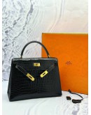 (LIKE NEW) HERMES KELLY 28 SELLIER IN BLACK POROSUS CROCODILE LEATHER -FULL SET-
