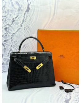(LIKE NEW) HERMES KELLY 28 SELLIER IN BLACK POROSUS CROCODILE LEATHER -FULL SET-