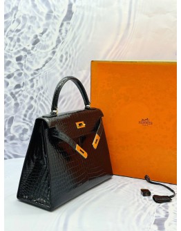(LIKE NEW) HERMES KELLY 28 SELLIER IN BLACK POROSUS CROCODILE LEATHER -FULL SET-