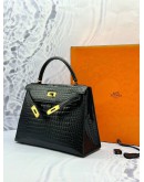 (LIKE NEW) HERMES KELLY 28 SELLIER IN BLACK POROSUS CROCODILE LEATHER -FULL SET-