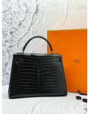 (LIKE NEW) HERMES KELLY 28 SELLIER IN BLACK POROSUS CROCODILE LEATHER -FULL SET-